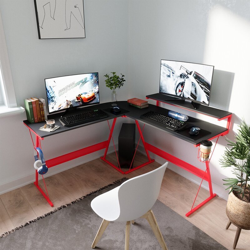 Sleek Black and Red Custom L Shaped Desk 