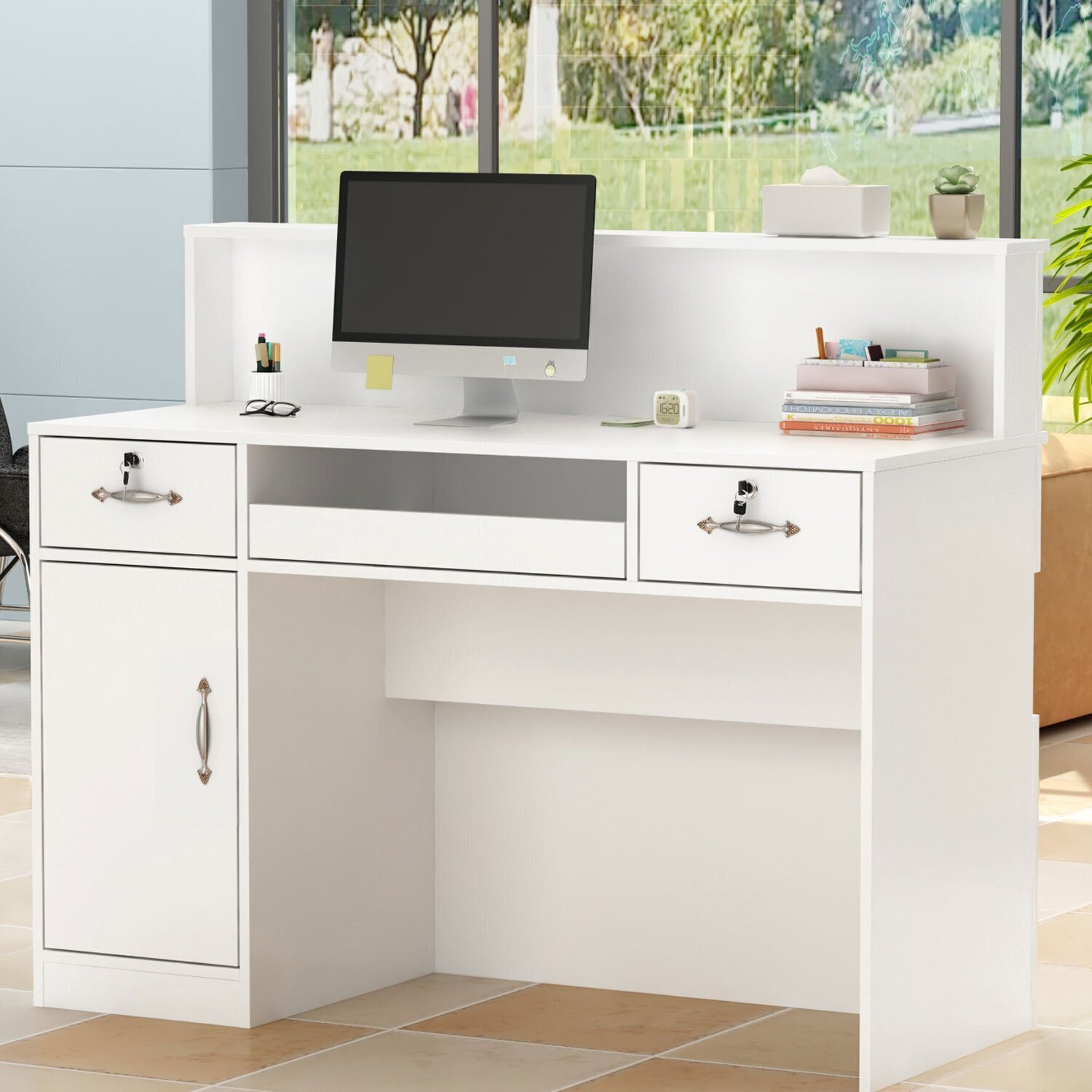 Sleek, White Multifunctional Reception Desk 