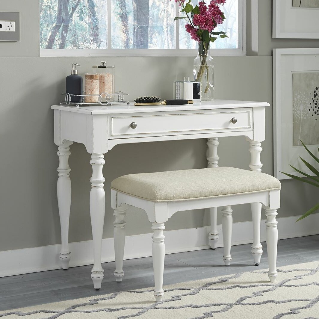 Slightly Distressed Wide White Vanity Set With Stool 