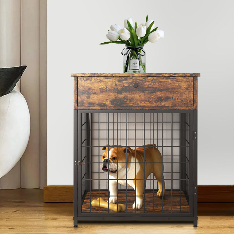 Small Wooden and Metal Dog Crate Nightstand