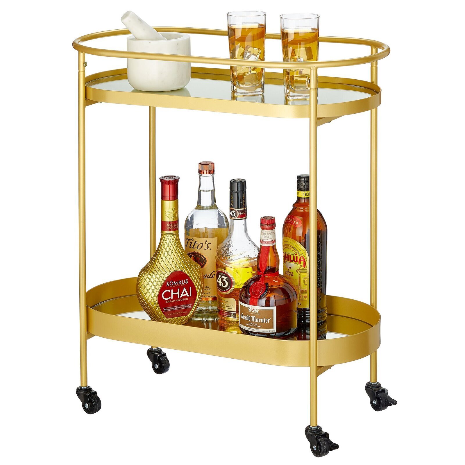 Soft brass rolling bar cart
