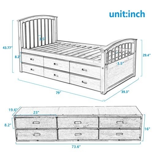 SOFTSEA Storage Bed Platform with 6 Drawers, Twin Captain's Bed Wood Daybed Frame with Headboard and Footboard for Kids Teens Guests(Captains Oak)