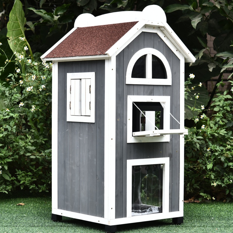 2-Floor Wooden Cat House with Jump Platforms