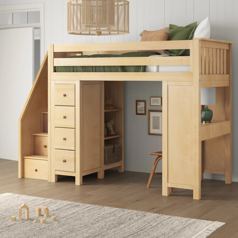 Solid Wood Children’s Loft Bed with Bookshelves