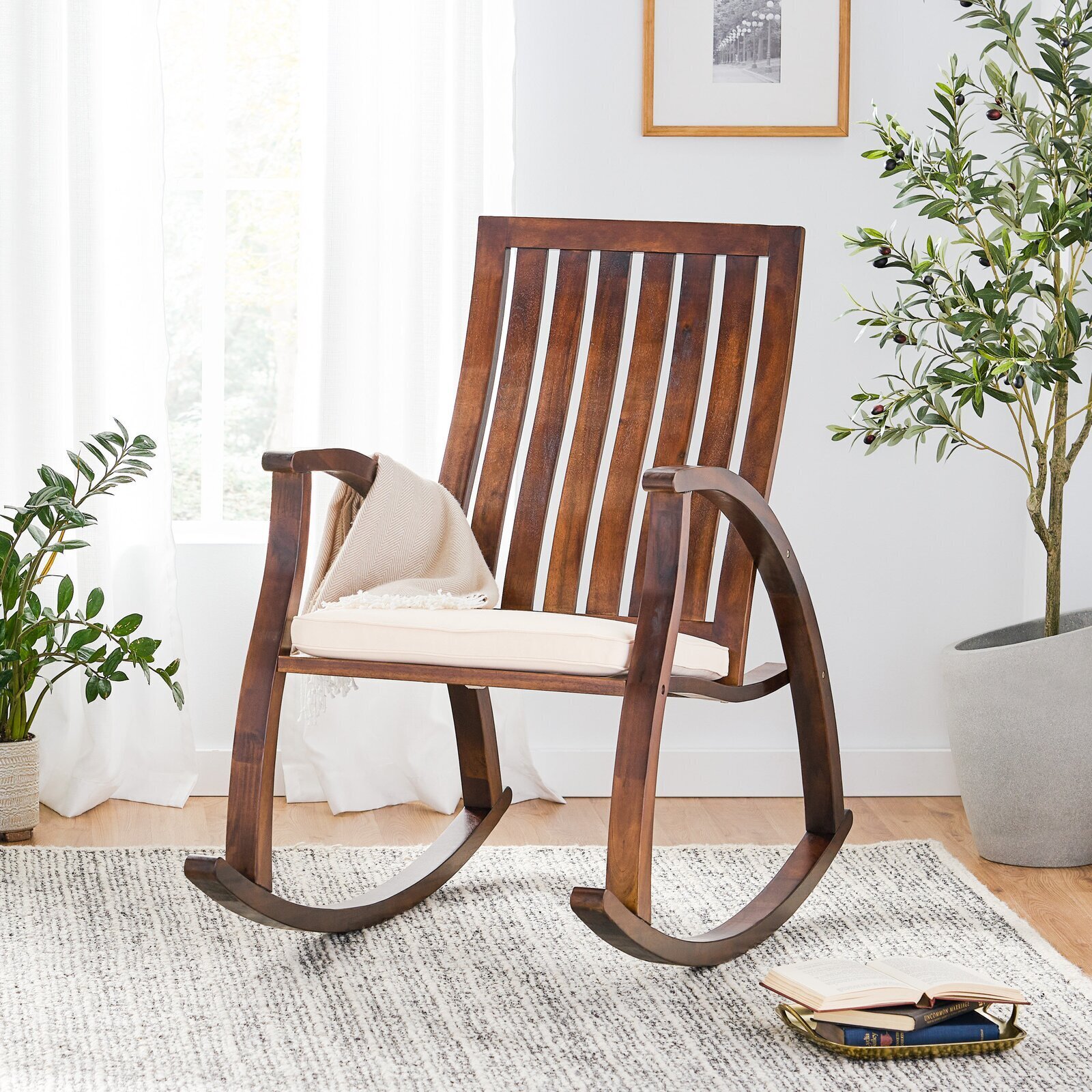 Solid Wood Indoor Rocking Chair With Cushion