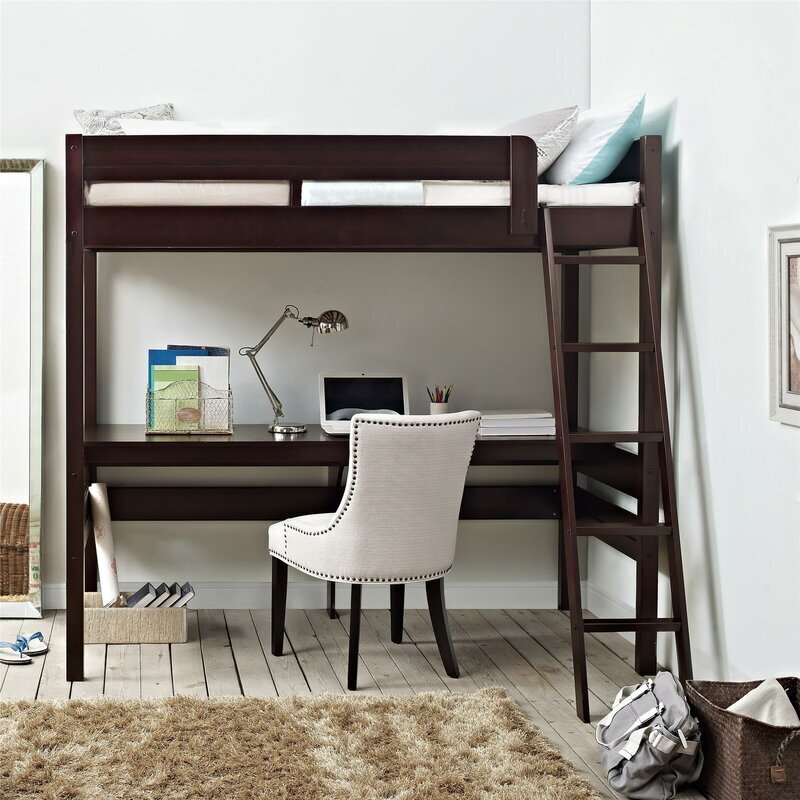 Solid Wood Twin Loft Bed With Built in Desk