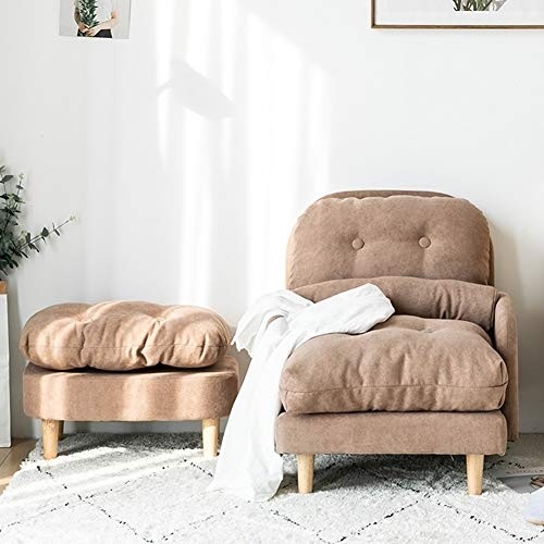 Souleden Folding Lazy Sofa Chair with Ottoman Adjustable Sofa Bed Thick Padded Linen Recliner Armchair Set Sofa Lounger Bed with Pillow for Living Bedroom Small Room Apartment Yellow