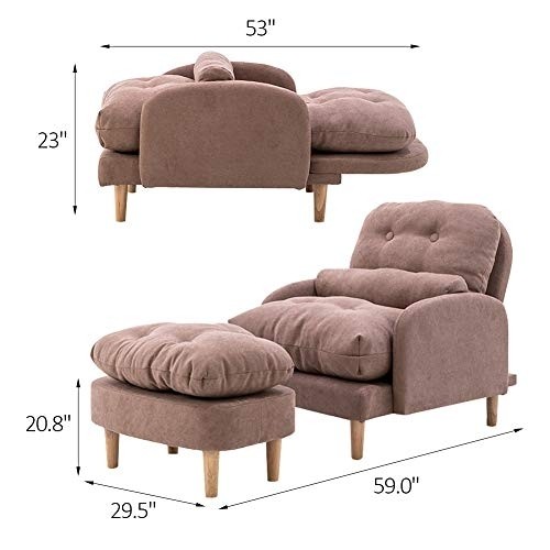 Souleden Folding Lazy Sofa Chair with Ottoman Adjustable Sofa Bed Thick Padded Linen Recliner Armchair Set Sofa Lounger Bed with Pillow for Living Bedroom Small Room Apartment Yellow