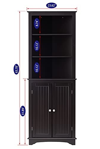 Spirich Home Tall Corner Cabinet with Two Doors and Three Tier Shelves, Free Standing Corner Storage Cabinet for Bathroom, Kitchen, Living Room or Bedroom, Espresso