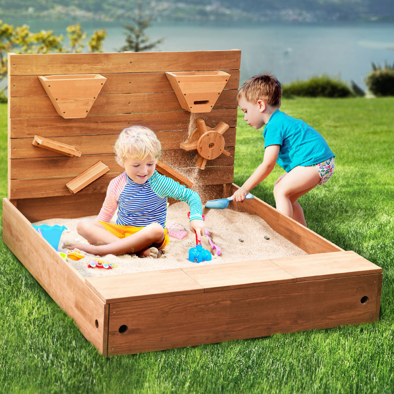 Square Wood Sandbox With Cover Equipped With Toys