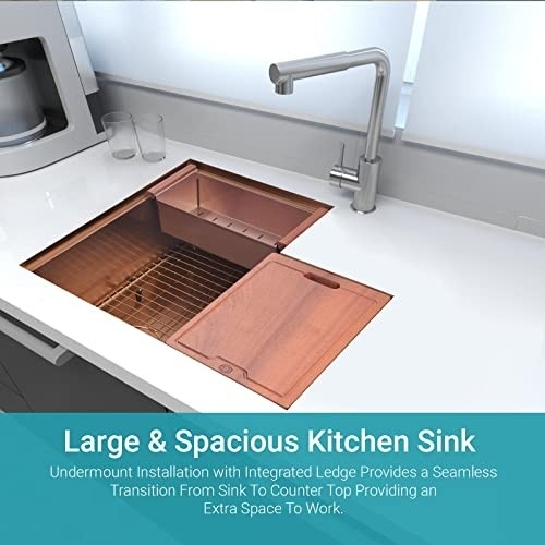 Strictly Sinks 30” Workstation Corner Kitchen Sink – Copper Single Bowl 16 Gauge Stainless Steel ½ Inch Radius – With Scratch, Stain Resistant Colander, Cutting Board & Bottom Protector Grid