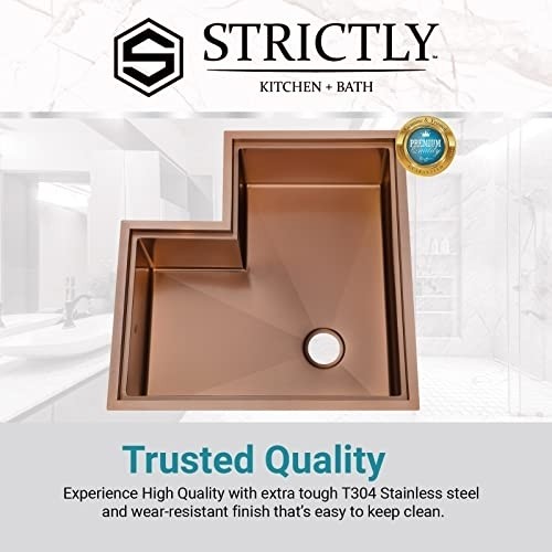 Strictly Sinks 30” Workstation Corner Kitchen Sink – Copper Single Bowl 16 Gauge Stainless Steel ½ Inch Radius – With Scratch, Stain Resistant Colander, Cutting Board & Bottom Protector Grid