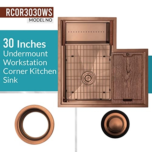 Strictly Sinks 30” Workstation Corner Kitchen Sink – Copper Single Bowl 16 Gauge Stainless Steel ½ Inch Radius – With Scratch, Stain Resistant Colander, Cutting Board & Bottom Protector Grid
