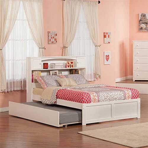 Stylish White Full Size Bed With Bookcase Headboard and Trundle