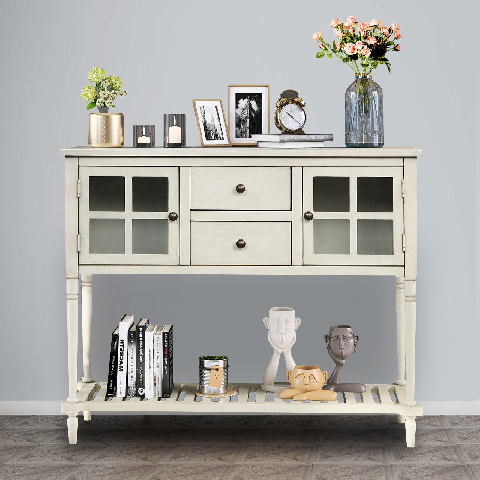 Subtly distressed sideboard table with shelf