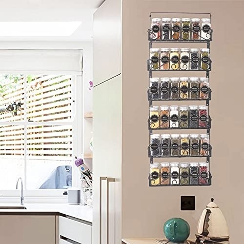 SWOMMOLY Wall Mount Spice Rack Organizer, 6 Tier Hanging Spice Racks Stackable Foldable Spice Storage Shelf, Black, Medium. Perfect for Wall, Cupboard or Pantry Door