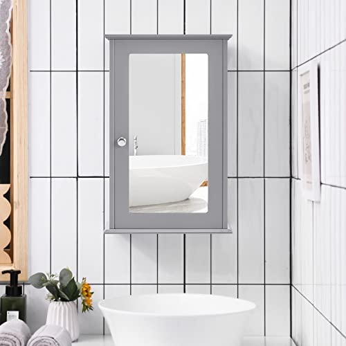 TANGKULA Mirrored Bathroom Cabinet, Wall Mount Storage Cabinet with Single Door, Bathroom Medicine Cabinet (Grey)