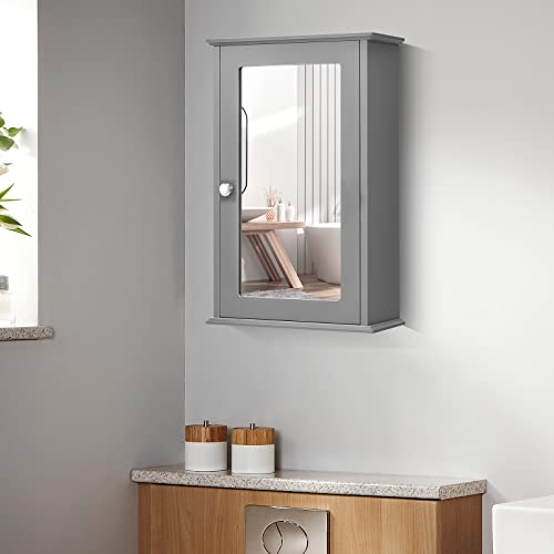 TANGKULA Mirrored Bathroom Cabinet, Wall Mount Storage Cabinet with Single Door, Bathroom Medicine Cabinet (Grey)