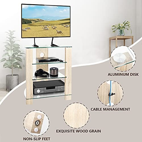 TAVR 4-Tier Wood Media Compontent TV Stand Audio Video Tower Rack HiFi Stereo Cabinet Stand with Tempered Glass Shevles for TV/Xbox/Gaming Consoles/Media Component/Streaming Device,Cable Mangement