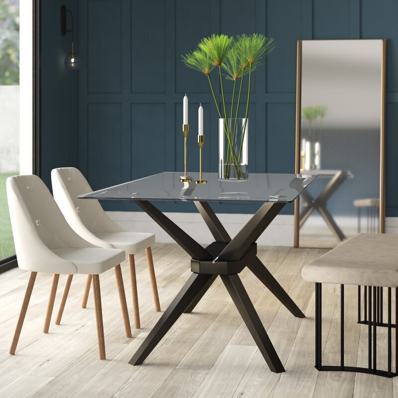 Tempered glass and solid wood x leg dining table