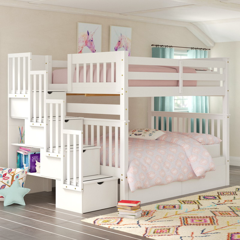 Tena Full over Full4 Drawer Solid Wood Standard Bunk Beds with Stairway & 2 Under Bed Drawers