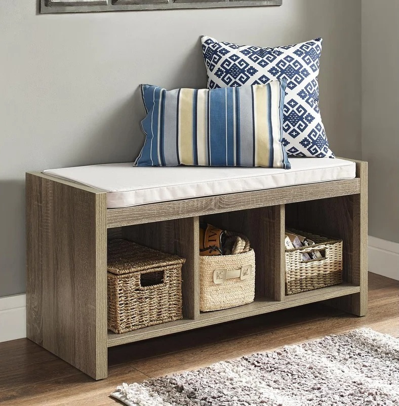 Three Cubby Storage Bench with Cushion