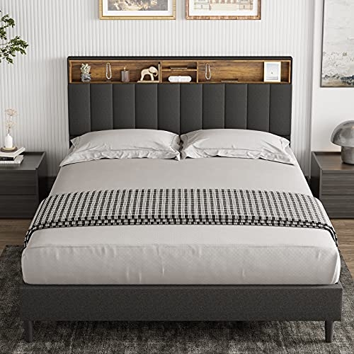 Tiptiper Full Size Bed Frame with Storage Headboard & Height Adjustable, Modern Fabric Upholstered Bed Frame, Storage Platform Bed with 12 Wood Slats, No Box Spring Needed, Dark Grey & Rustic Brown