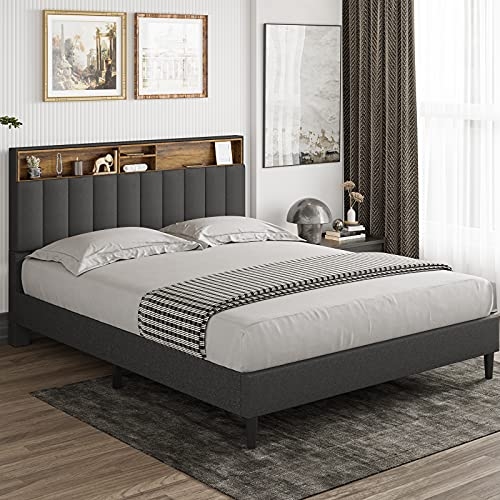 Tiptiper Full Size Bed Frame with Storage Headboard & Height Adjustable, Modern Fabric Upholstered Bed Frame, Storage Platform Bed with 12 Wood Slats, No Box Spring Needed, Dark Grey & Rustic Brown