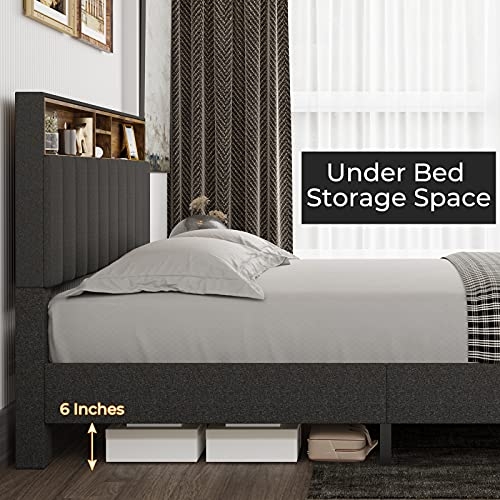 Tiptiper Full Size Bed Frame with Storage Headboard & Height Adjustable, Modern Fabric Upholstered Bed Frame, Storage Platform Bed with 12 Wood Slats, No Box Spring Needed, Dark Grey & Rustic Brown