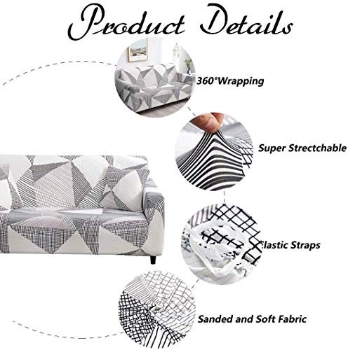 TOYOUN Stretch Sofa Cover 1 Piece Couch Cover Sofa Slipcover for 3 Cushion Couch Geometric Printed Form Fit Furniture Protector for Living Room Pets L Sectional Sofa Covers Corner Sofa Slipcover White