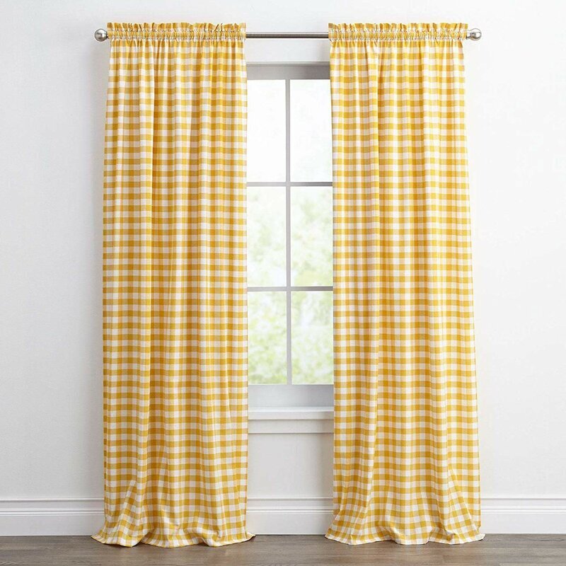 Traditional Floor Length Semi Sheer Yellow Plaid Curtain Set