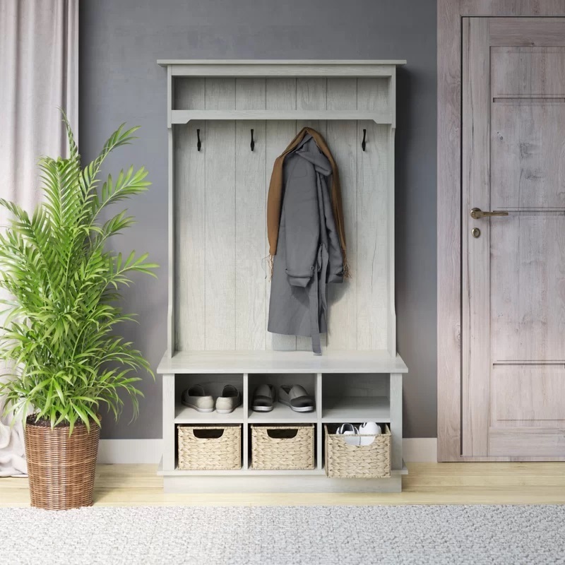 Black/Natural Entryway Hall Tree and Shoe Storage Bench