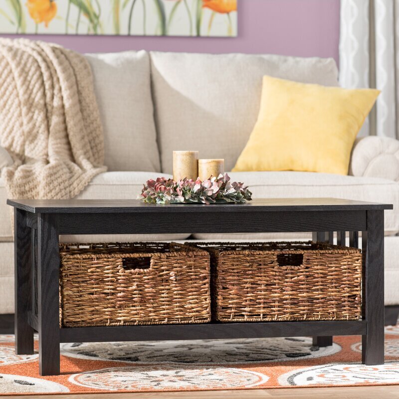 Traditional Wood Coffee Table with Two Wicker Baskets