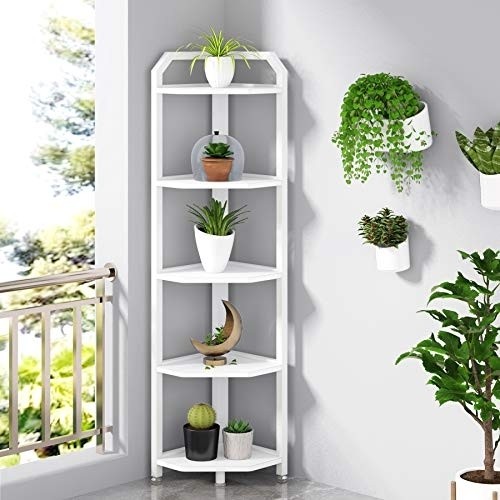 Tribesigns Corner Shelf, 5 Tier Corner Bookshelf and Bookcase Modern Corner Storage Shelving Unit Indoor Plant Stand for Living Room, Home Office, Small Space (White)