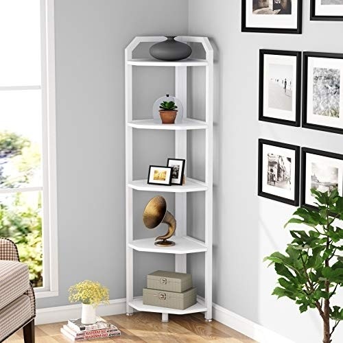 Tribesigns Corner Shelf, 5 Tier Corner Bookshelf and Bookcase Modern Corner Storage Shelving Unit Indoor Plant Stand for Living Room, Home Office, Small Space (White)