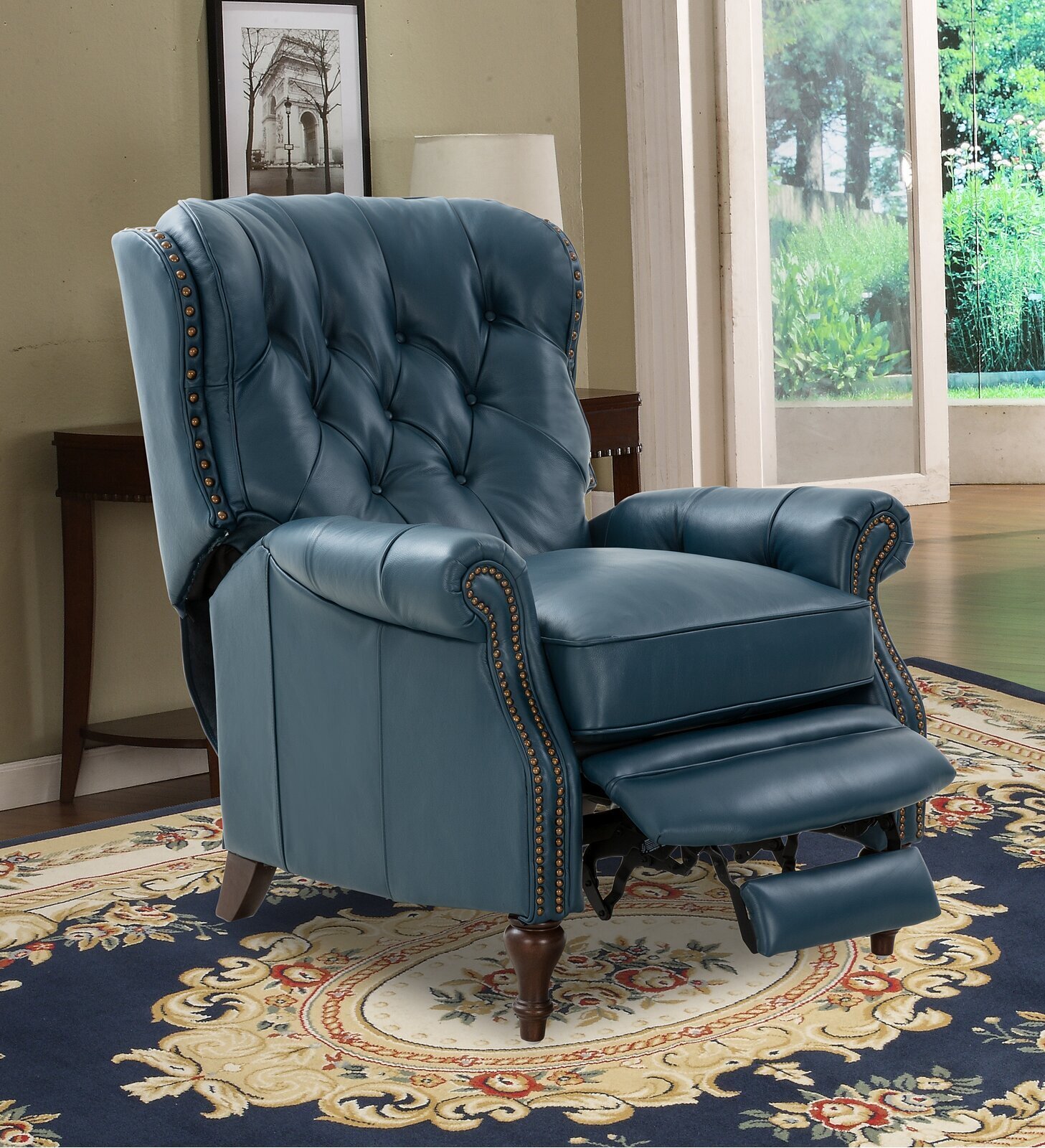 Tufted blue leather recliner