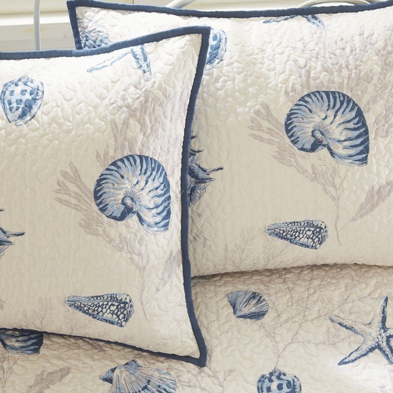 Turk Blue/Beige Microfiber Reversible Coastal 6 Piece Quilt Set