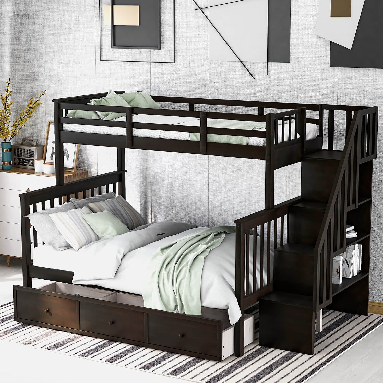 Twin Over Full Bunk Bed With Stairs and Shelves