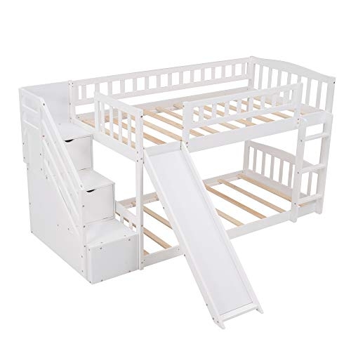 Twin Over Twin Bunk Bed with 2 Drawers, Stairway ,Slide and Ladder - Bunk Bed for Family, Teens,No Box Spring Needed