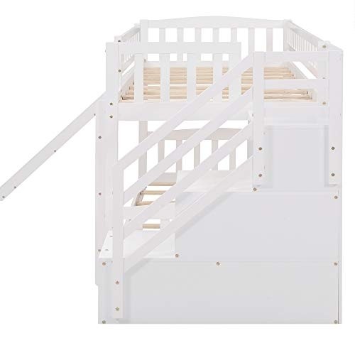 Twin Over Twin Bunk Bed with 2 Drawers, Stairway ,Slide and Ladder - Bunk Bed for Family, Teens,No Box Spring Needed