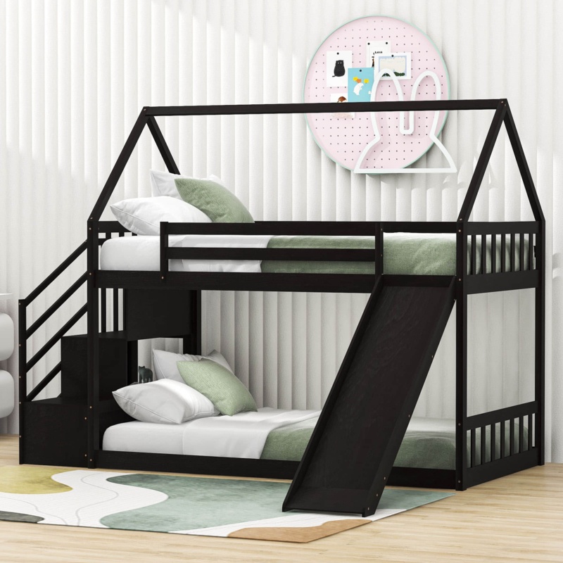 Twin Over Twin Wooden Bunk Bed with Slide and Shelf