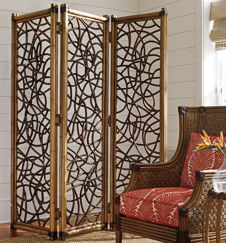 Rattan Three-Panel Screen with Leather Frame