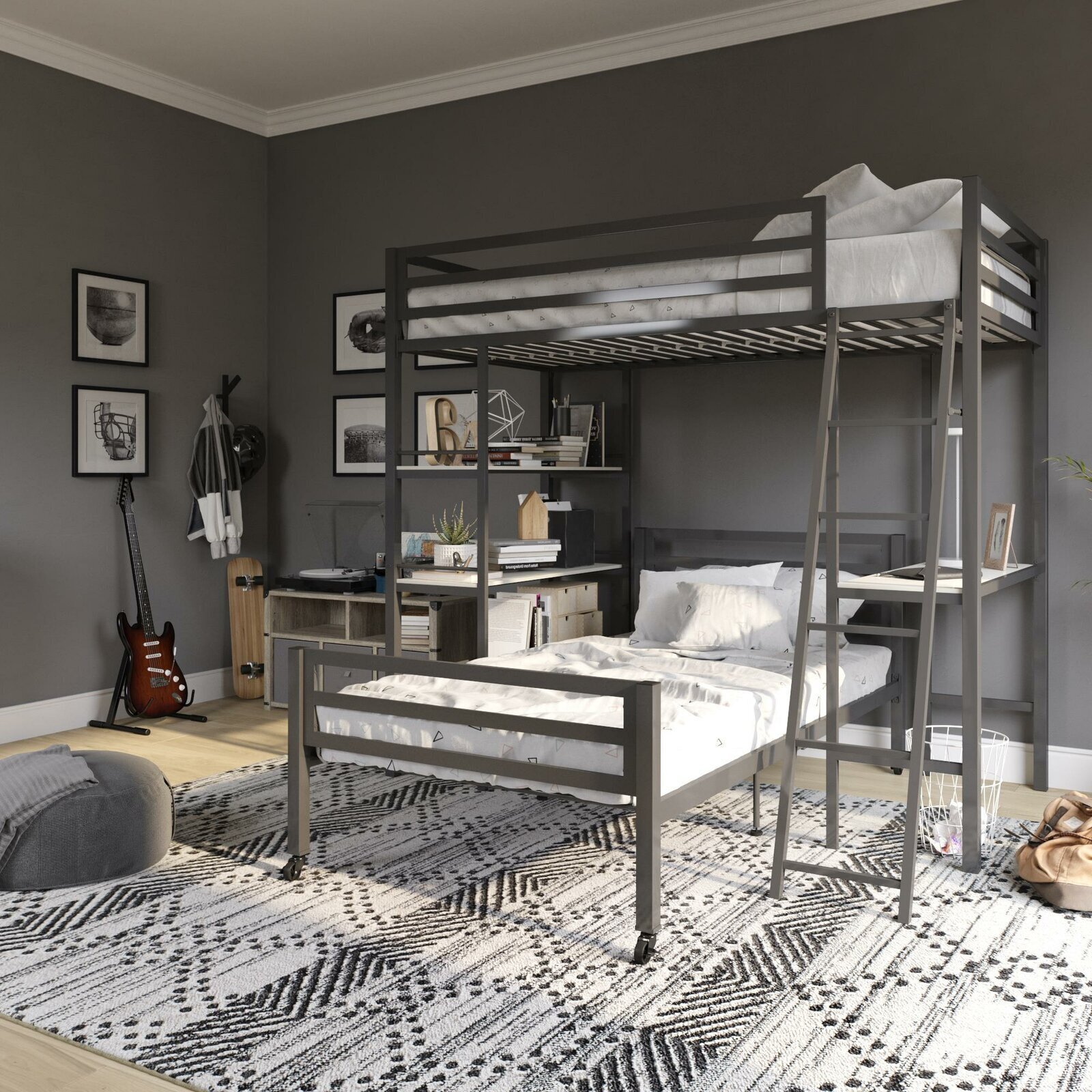 Twin Sized Metal Loft Bed With Desk