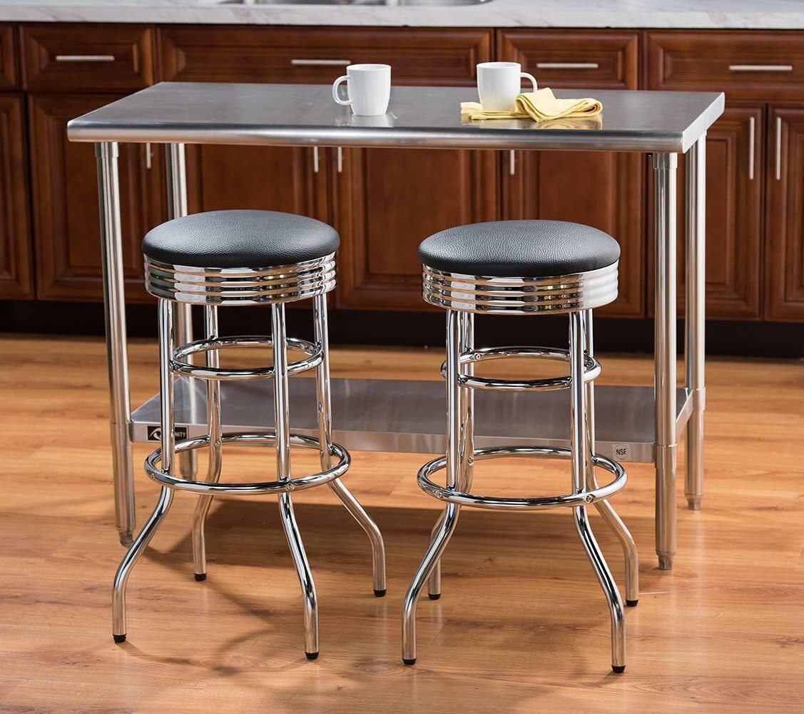 Two chrome retro swivel bar stools