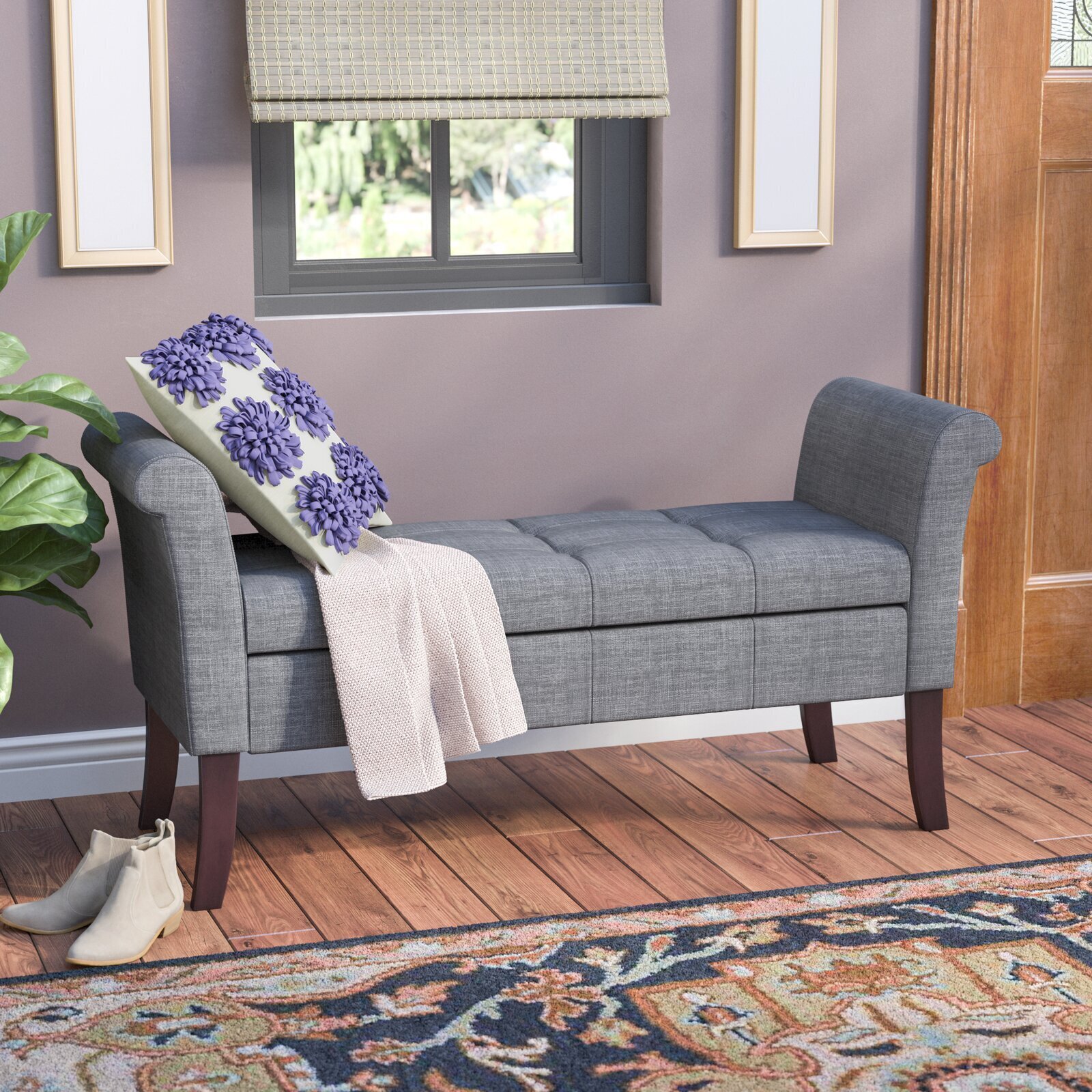 Upholstered Gray Storage Bench With Arms