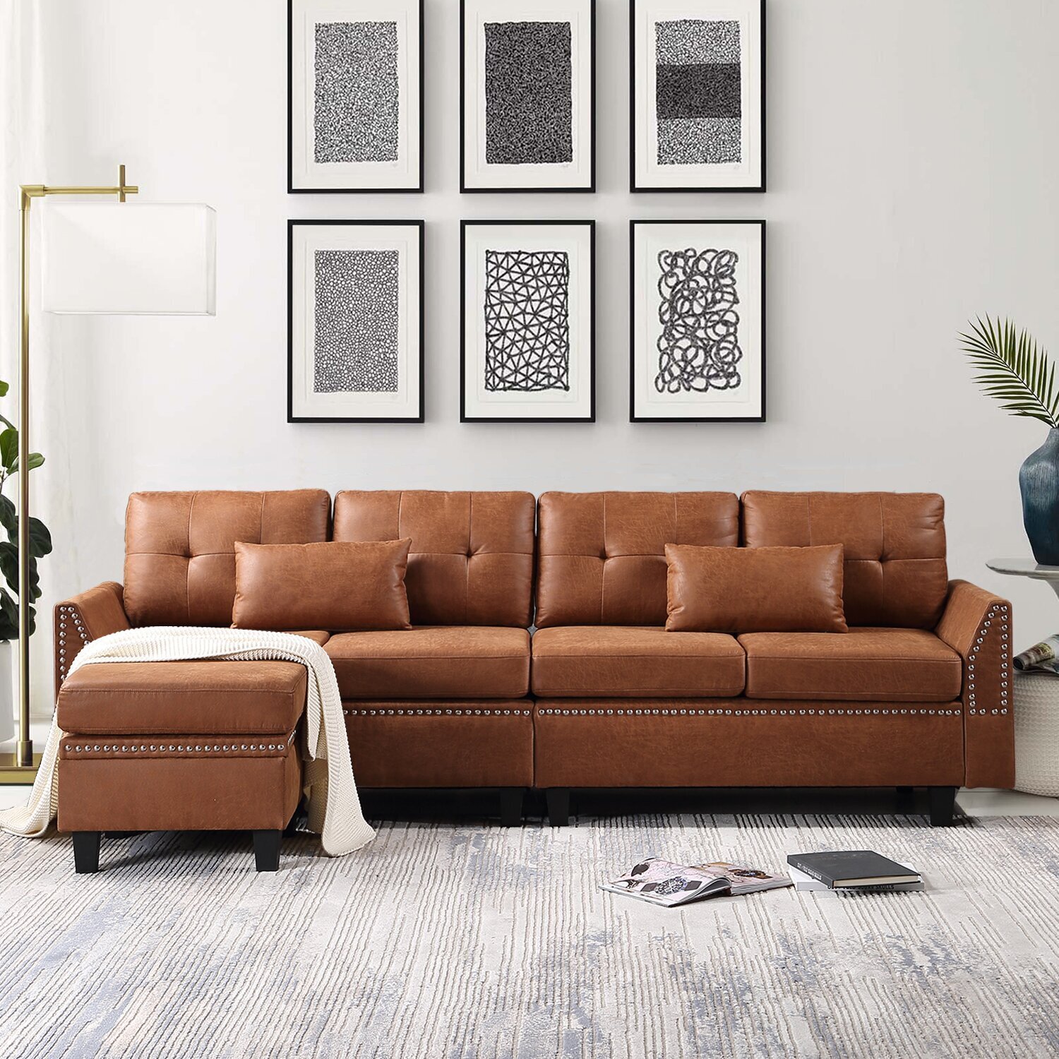 Vegan leather chaise sectional for farmhouse