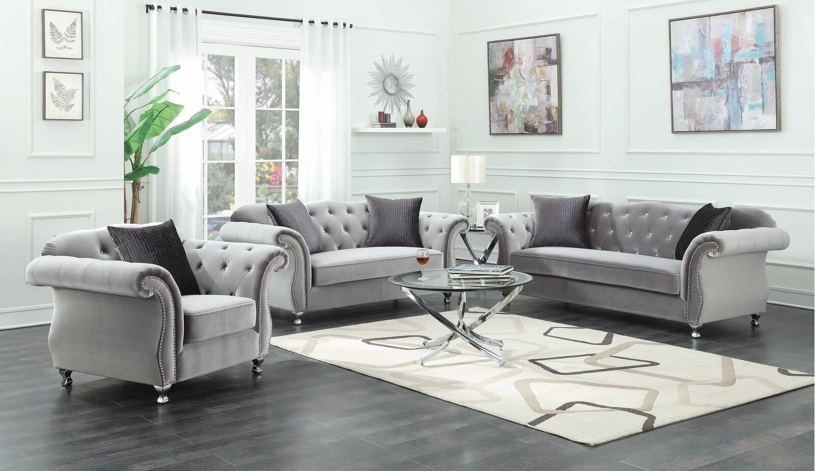 Velvet Three Piece Silver Living Room Set