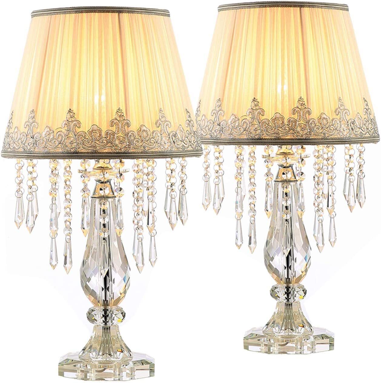 Vintage Crystal Lamps With Prisms and Fabric Shades