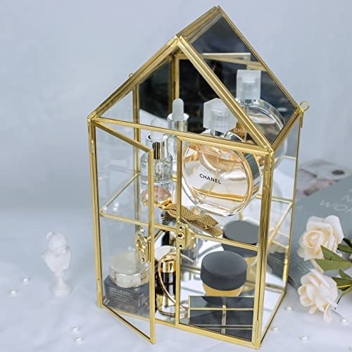 Wall Glass Cabinet Display for Perfume, Small Glass Display Curio Cabinets with Doors Wall Mounted, 2 Tiered Small Gold Curio Cabinet with Mirror Cosmetics Perfumes Storage for Bathroom
