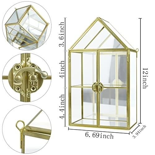 Wall Glass Cabinet Display for Perfume, Small Glass Display Curio Cabinets with Doors Wall Mounted, 2 Tiered Small Gold Curio Cabinet with Mirror Cosmetics Perfumes Storage for Bathroom